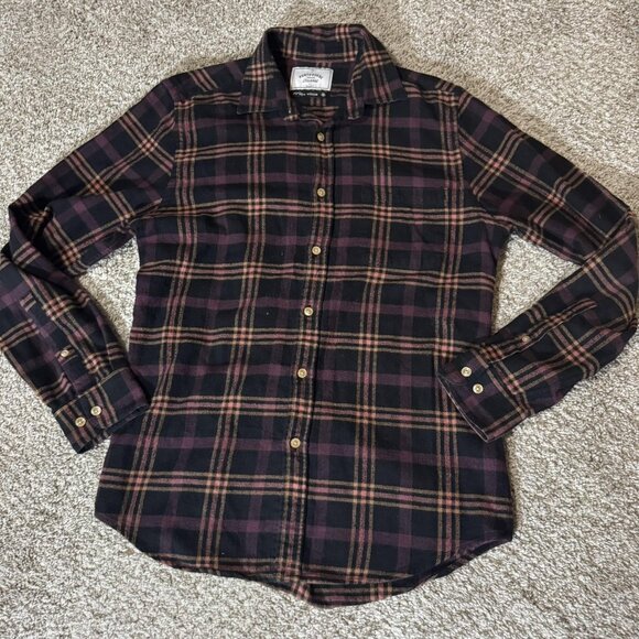 Portuguese Flannel Shirt Mens Medium Black Burgundy Plaid Button Down Cotton - Picture 1 of 8